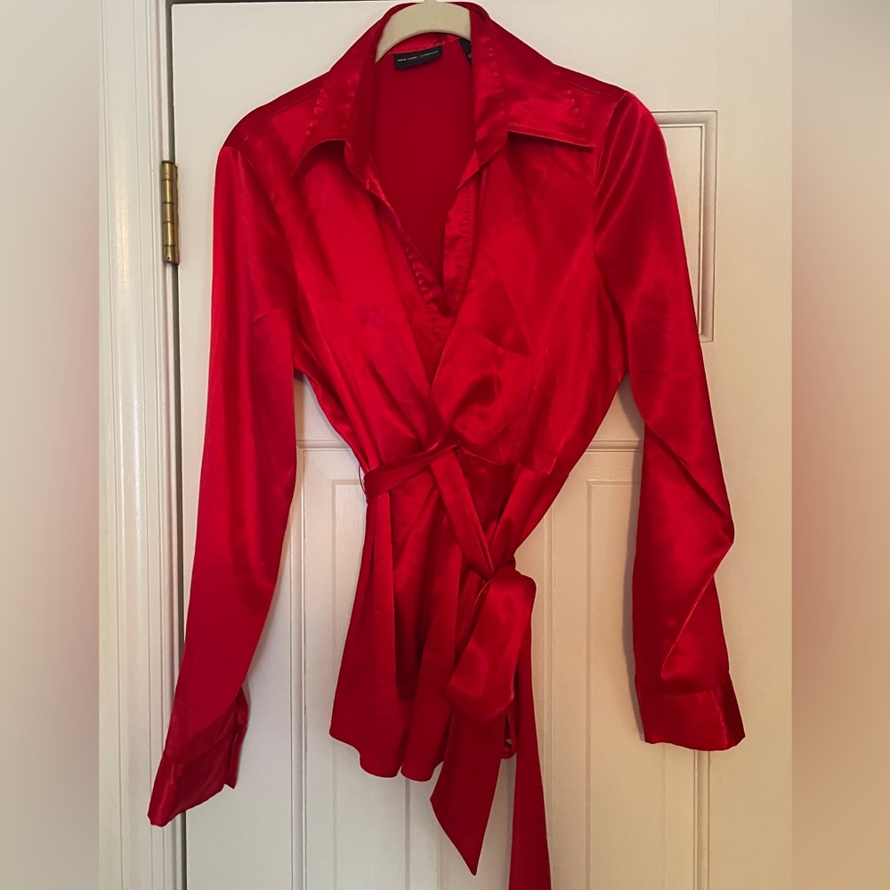 Collared Red Satin Wrap Blouse S6
